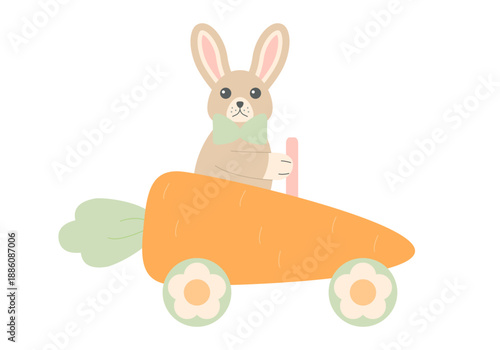 Cute bunny drive carrot car. Little bunny cartoon driving a carrot shaped car