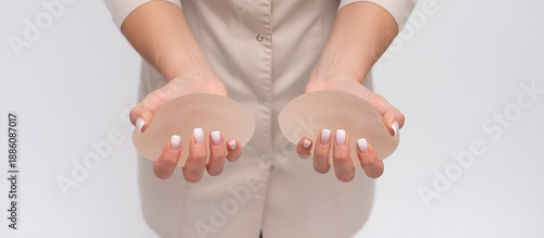 Hands hold breast implants in a clinic setting during a consultation for cosmetic surgery medical mammoplasty