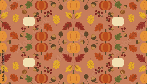 Seamless fall pattern with pumpkins autumn leaves berries and acorns Perfect harvest background design