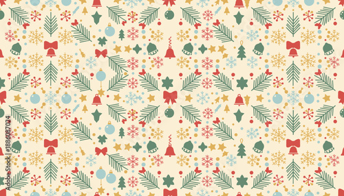 Seamless retro holiday pattern featuring festive bells bows ornaments and snowflakes on a cream background