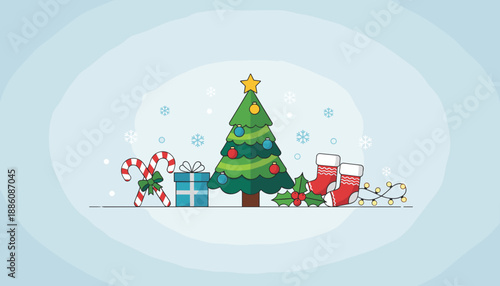 Classic Christmas holiday elements decorated tree stockings gift and candy canes in vector illustration