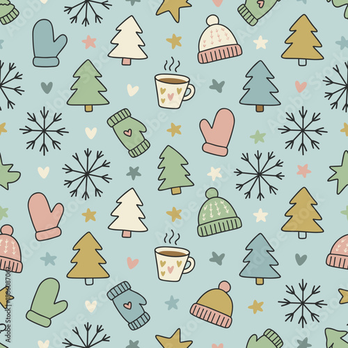 Cozy winter seamless pattern of handdrawn trees mittens hats and snowflakes in pastel colors