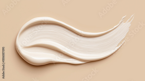 Wavy cream smear on beige texture background. Creamy white sunscreen lotion swatch, moisturizer skincare product