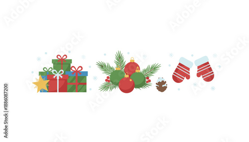 Christmas gifts ornaments and winter mittens illustration on white Holiday celebration concept