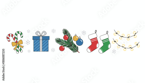 Festive Christmas icons set candy canes gift box stockings ornaments and lights illustration