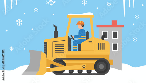 Snowplow operator driving a bulldozer to clear snow from a city street in winter