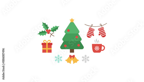Flat design Christmas and winter holiday icons set on white tree gifts holly mittens mug
