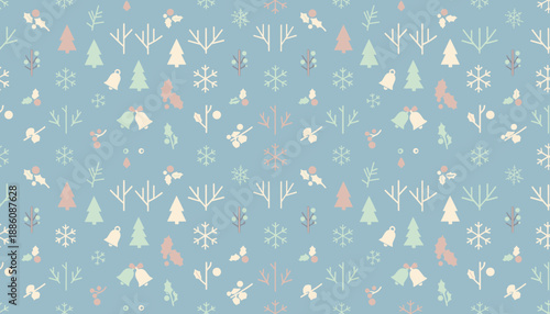 Seamless pastel Christmas pattern with stylized trees snowflakes bells and holly on a light blue background