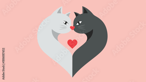 Two Cats Forming a Heart with Red Heart Love Valentine Symbol