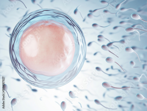 Human egg cell with sperm in blue fluid background, microscopic image with copy space, for fertility clinic, assisted reproduction, reproductive medicine, biology education, medical training.