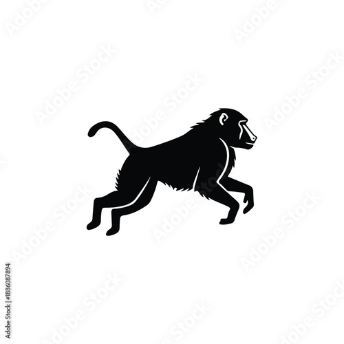 A striking black silhouette of a powerful baboon in a dynamic running or jumping pose, depicted against a clean white background. Captures the animal's strong profile.