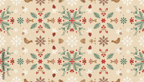 Festive Scandinavian holiday pattern Rustic seamless background with snowflakes birds pine and red berries