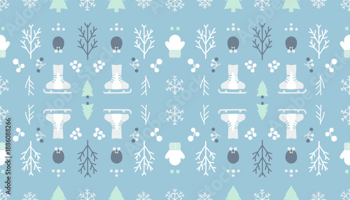 A playful seamless pattern of winter icons including ice skates snowflakes mittens and trees