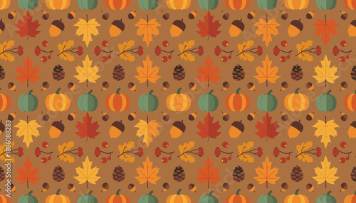 Fall pattern with festive pumpkins colorful leaves acorns and pine cones Harvest season background design