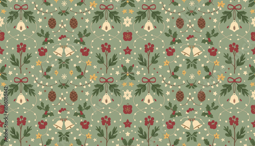 Seamless holiday pattern with traditional winter elements bells berries stars and string lights