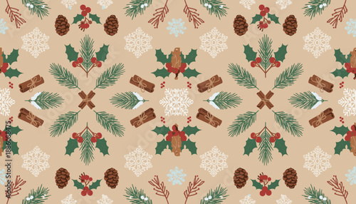 Rustic holiday pattern with pine holly cinnamon and snowflakes on tan paper Ideal for wrapping or textiles
