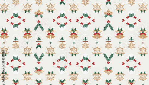 Cute Christmas vector pattern with gingerbread cookies bells and holly for winter holiday backgrounds