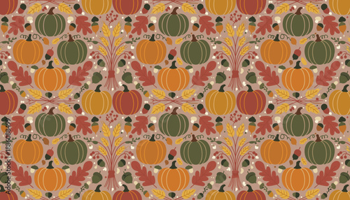 Seamless autumn harvest pattern with pumpkins leaves acorns and wheat for seasonal backgrounds or textiles