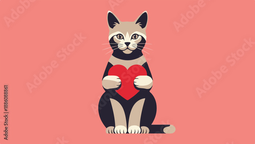 Cat Holding a Red Heart Against a Pink Background