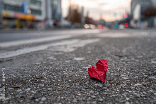 Close-up of a red paper heart meant for a Valentine’s gift, visibly crumpled and slightly torn