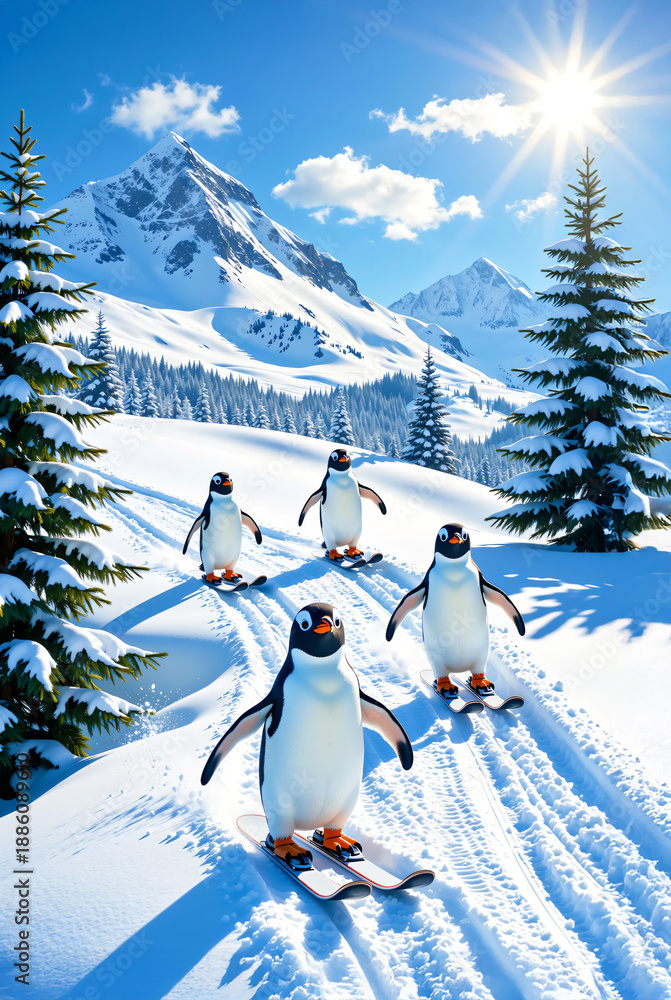 Obraz premium スキーをするペンギン | Skiing Penguin Generative AI