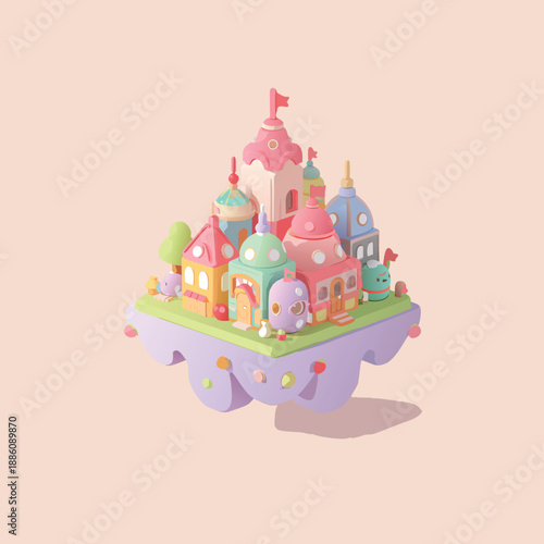 Whimsical pastel floating castle with intricate details and vibrant colors.