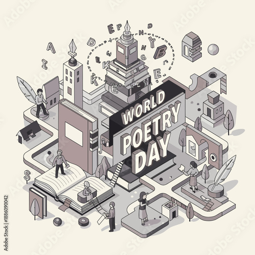 World Poetry Day Celebration - Artistic Cityscape Illustration