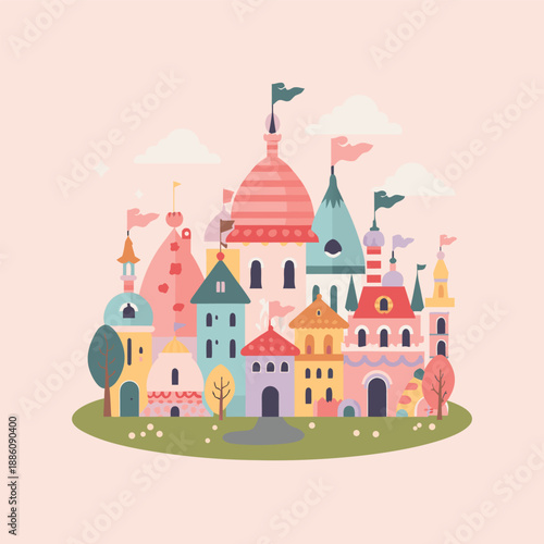 Charming fairytale castle with colorful turrets and flags.