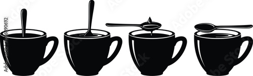 Set of coffee cup silhouettes with spoons isolated on white background, representing morning breakfast, cafe menu, hot beverage, and refreshment.