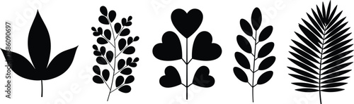 Set of black tropical leaf silhouettes, isolated botanical vector elements for nature design and floral decoration on white background. (19 words)