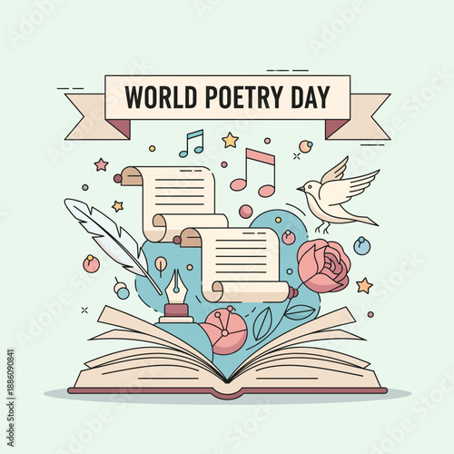 World Poetry Day Celebration Concept with Open Book and Creative Elements