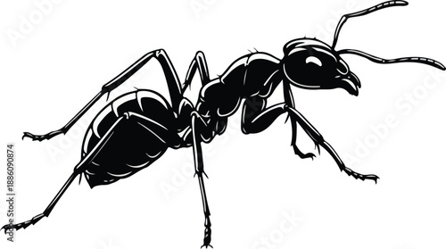 A stylized black and white illustration of an ant in side profile, featuring its distinct body segments, legs, and antennae.