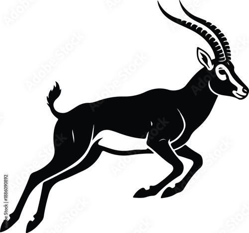 A striking black silhouette of an antelope in mid-stride, showcasing its elegant form and distinctive ridged horns against a white background.