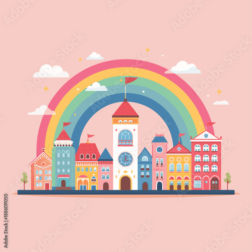 Colorful Cityscape with Rainbow Arching Over Whimsical Buildings.