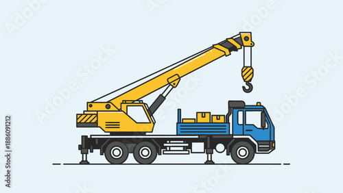 Crane Truck with Yellow Boom and Hook.