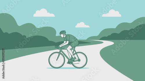Cyclist Riding Bicycle on Winding Road.