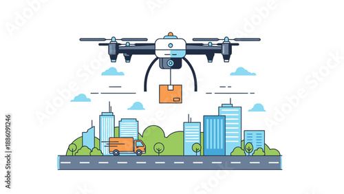 Drone Delivering Package Over City Landscape.