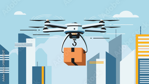 Drone Delivering Package in City Environment.