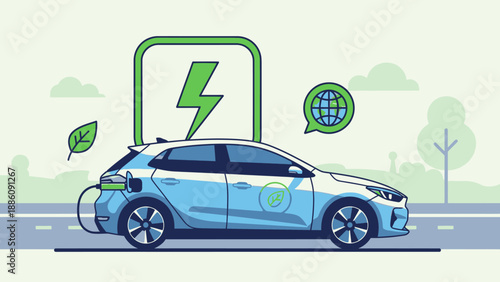 Electric Car Charging with Lightning Bolt Symbol.