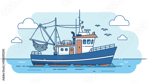 Fishing Boat on the Ocean Water.