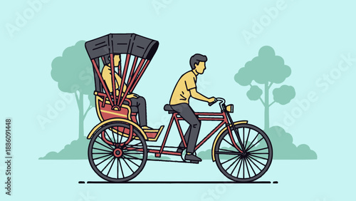 Man Riding a Rickshaw with Passenger Inside.