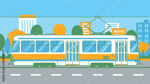 Modern Electric Tram on City Street.