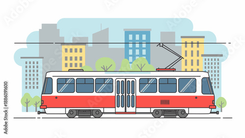 Red and White Trolley Bus Illustration.