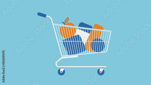 Shopping Cart Filled with Grocery Products.