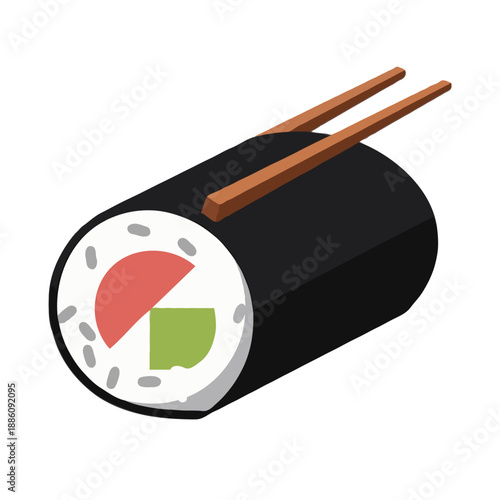 Delicious sushi roll with chopsticks isolated on white background, Vector, illustration