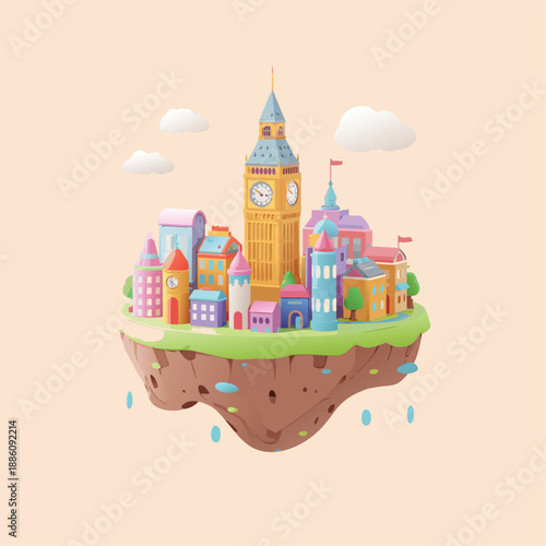 Fantasy Floating Island City with Big Ben Clock Tower.