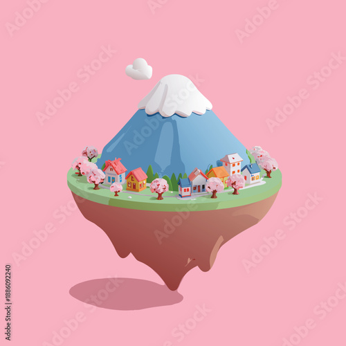 Floating Island with Mount Fuji and Cherry Blossoms.