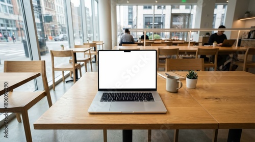 Wallpaper Mural Modern laptop computer displaying blank screen mockup on a light wooden table inside a bright cafe with copy space for remote work and digital nomad concept. Torontodigital.ca