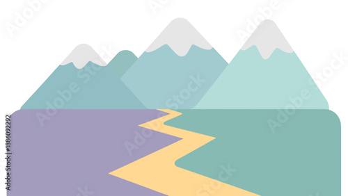 Winding path through serene landscape with majestic mountains in the background, viewed from a distance in a calm environment