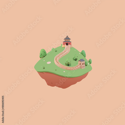 Floating Island with Traditional Asian Architecture and Winding Path.